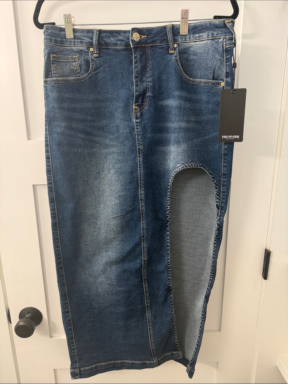 True Religion Dark Blue Distressed Denim Skirt